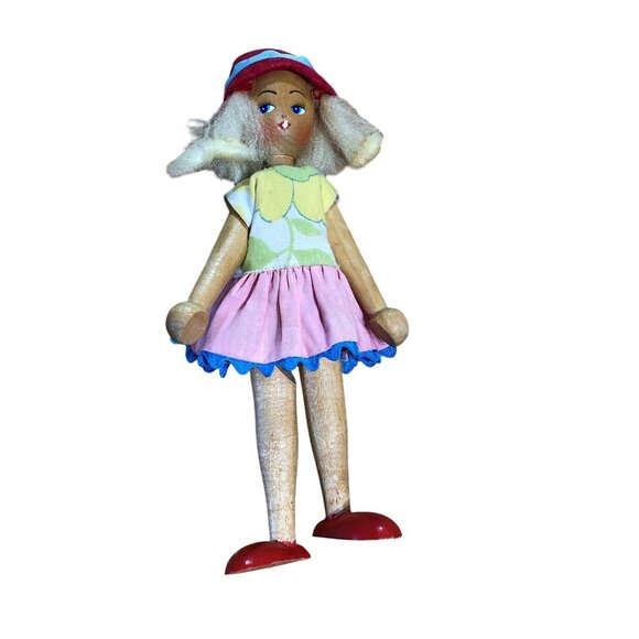 Vintage Wooden String Jointed Peg Doll Folk Art Mid Century Toy Polish - Picture 3 of 9